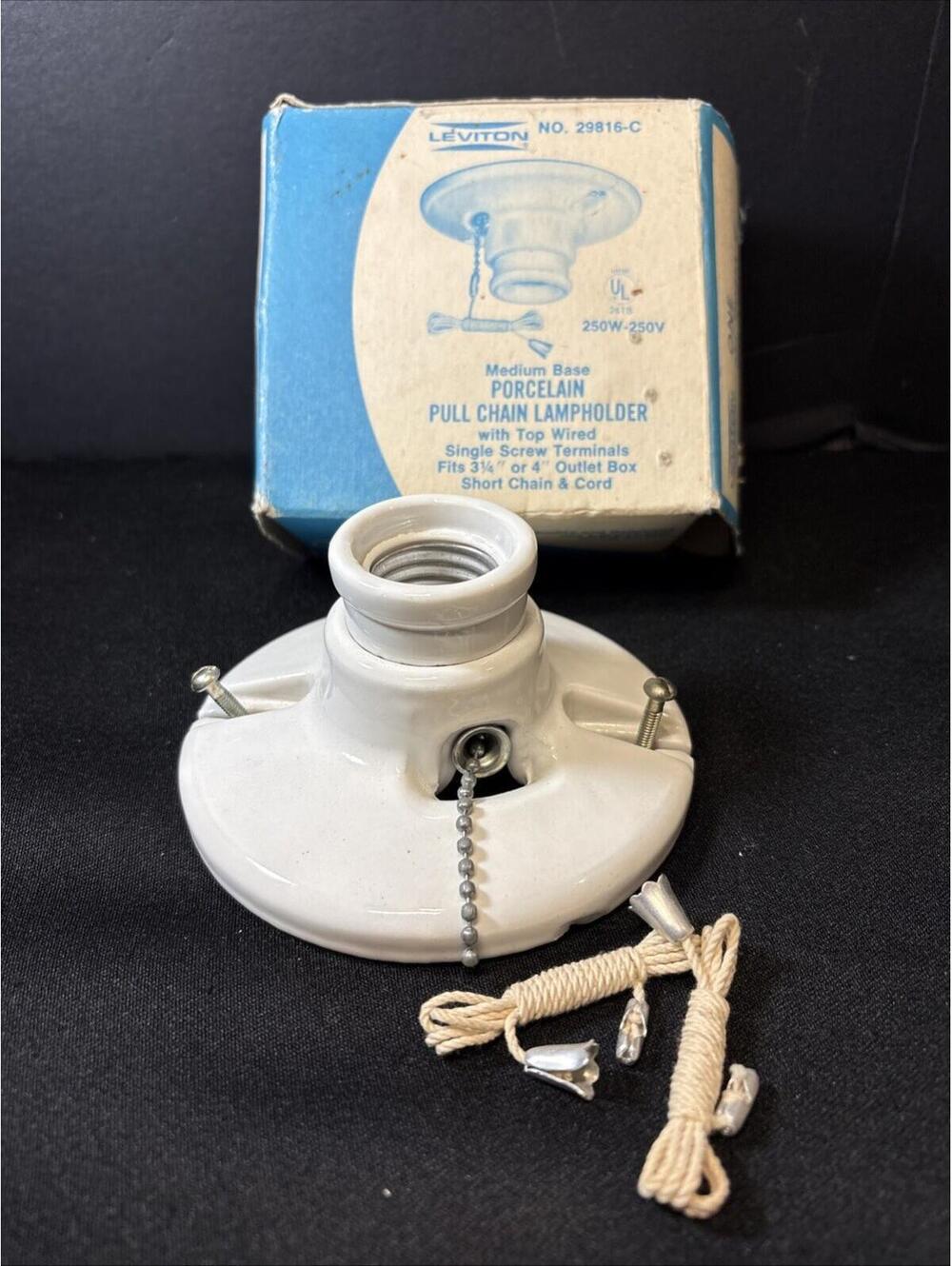 VTG NEW NOS Leviton 29816-C Porcelain Pull Ceiling Receptacle Complete In Box